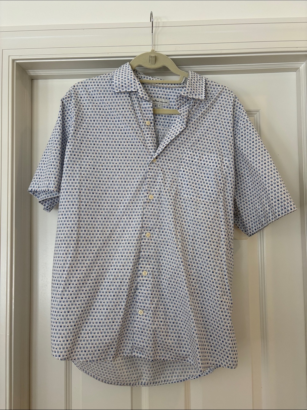 Peter Millar White Short-Sleeve Button-Down Shirt with Blue Micro Print